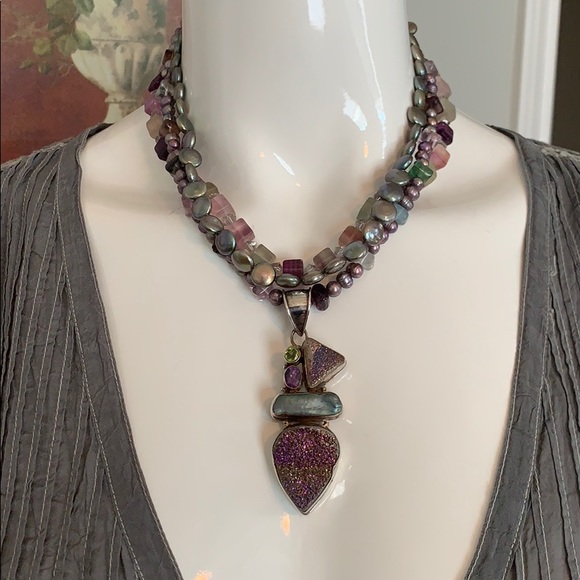 Druzy Quartz, FW Pearl & Fluorite Necklace 925 SS - Picture 1 of 5